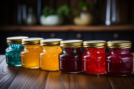 Jars with jam on a wooden table in a rustic kitchenの素材