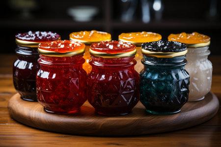 Variety of jams in glass jars on rustic wooden table.の素材