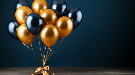 3D render of golden and black balloons with ribbons on wooden tableの素材