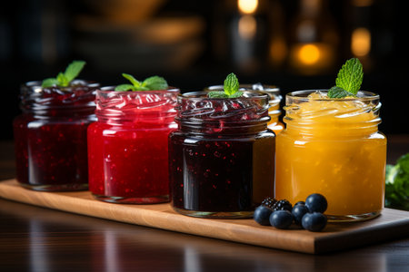 assortment of jams in glass jars on a wooden table in a restaurantの素材