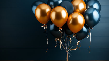 3d render of golden, blue and black balloons with ribbons.の素材