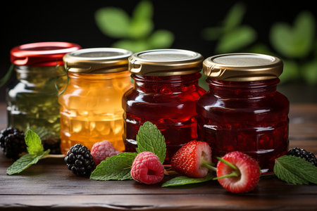assortment of berry jam in glass jars on wooden table.の素材
