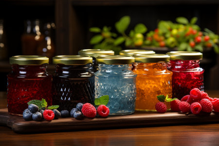 assortment of jam in glass jars with fresh berries on wooden tableの素材