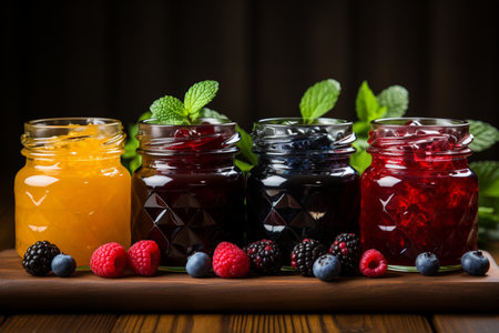 Variety of jams in glass jars with fresh berries on wooden backgroundの素材