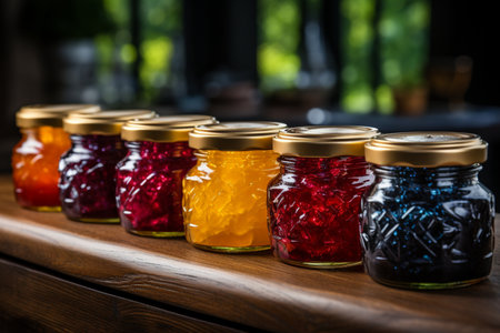 Colorful jam in glass jars on wooden table in kitchen. Selective focus.の素材