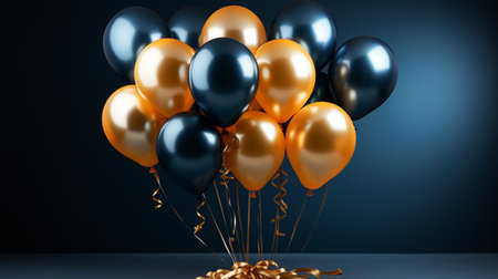 Black and golden balloons with ribbons on dark background. 3D Renderingの素材