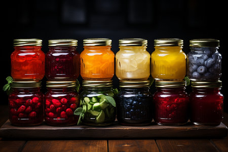 Variety of colorful jams in glass jars on rustic wooden tableの素材
