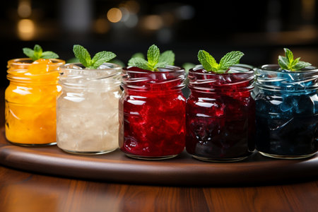 Colorful fruit jelly in glass jars on a wooden table in the kitchenの素材