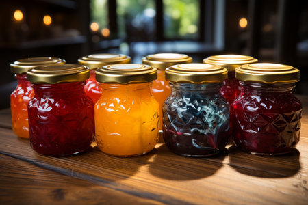 Jars of jam on a wooden table in a rustic cafeの素材