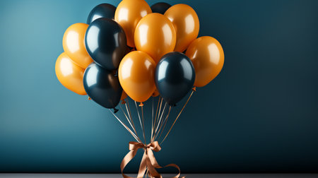 3D render of a bunch of orange and blue balloons with ribbon on blue backgroundの素材