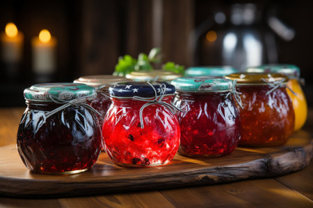 Homemade jam in glass jars on a wooden table. Selective focus.の素材