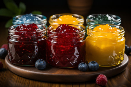 Jars with homemade jam and fresh berries on wooden background. Selective focus.の素材