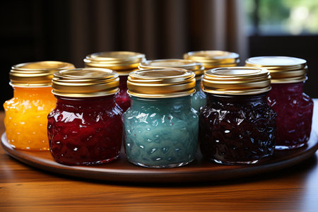 Jars with different jams on wooden table, closeup. Preserved fruitsの素材