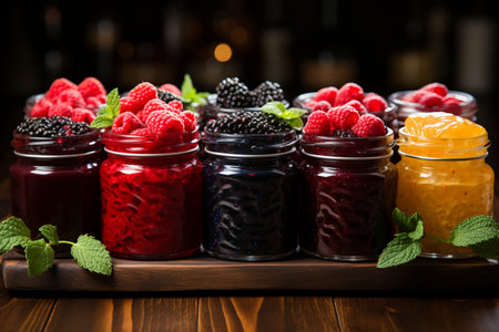 Raspberry, blackberry and blueberry jam in glass jars.の素材
