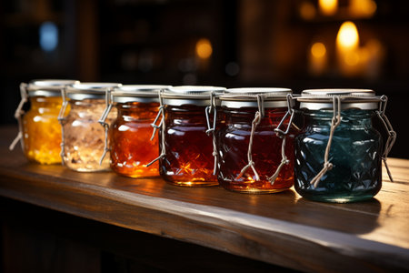 Jars with jam on wooden table in kitchen, close-upの素材