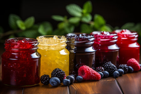 Assortment of jams in glass jars with fresh berries on wooden tableの素材