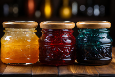 Colorful jam in glass jars on a wooden table in a restaurantの素材