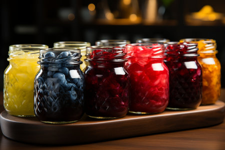 Glass jars with different jams on wooden table in cafe, closeupの素材