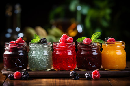 assortment of jams in glass jars on wooden table. Selective focus.の素材