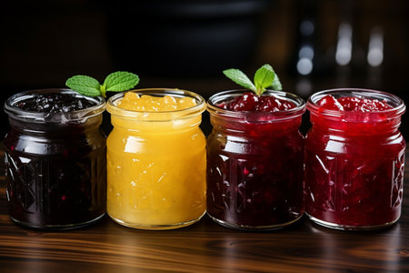 Jars with different jams on a wooden table. Selective focus.の素材