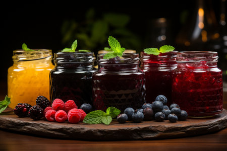 assortment of jams in glass jars with berries and fruits on wooden backgroundの素材