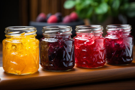 Jars with different kinds of jams on a wooden background. Selective focus.の素材