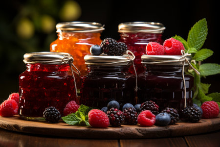 Raspberry, blackberry and blueberry jam in glass jars on wooden backgroundの素材