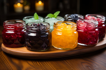 assortment of jams in glass jars on a wooden table. selective focusの素材