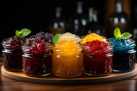 Variety of jams in glass jars on wooden table, closeupの素材