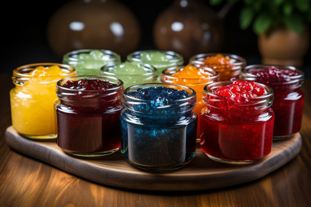 Colorful jam in glass jars on wooden background. Selective focus.の素材