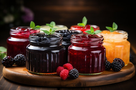 Jars of jam with fresh berries and mint on a wooden backgroundの素材