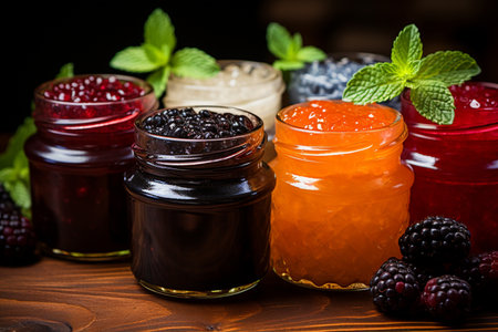 assortment of jam in glass jars with fresh berries on wooden tableの素材