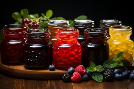 assortment of jams in glass jars with fresh berries on wooden tableの素材