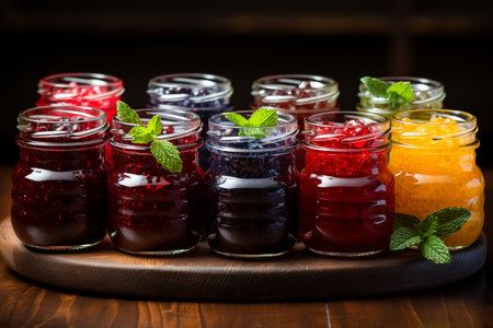 Assortment of jams in glass jars on wooden background. Selective focus.の素材