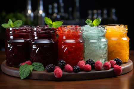 Variety of fruit jams in glass jars with fresh berries and mintの素材