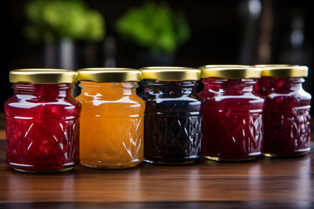 Jars with jam on a wooden table. Selective focus.の素材