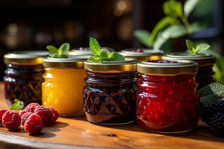 Jars of jam with fresh berries and mint on a wooden tableの素材