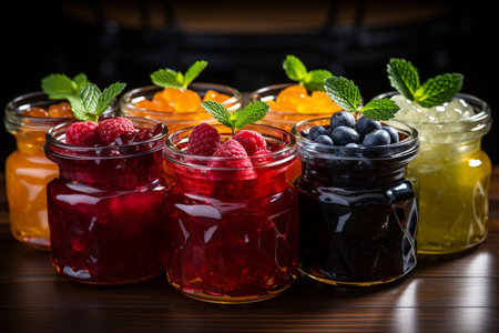 Jars of jam with fresh berries and mint on a wooden tableの素材