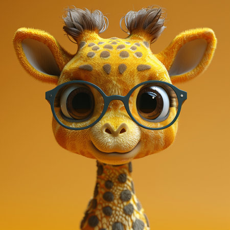 Funny giraffe with glasses. Isolated on yellow background.の素材