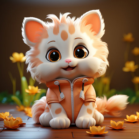 Cute cat in orange jacket with yellow flowers on brown background.の素材