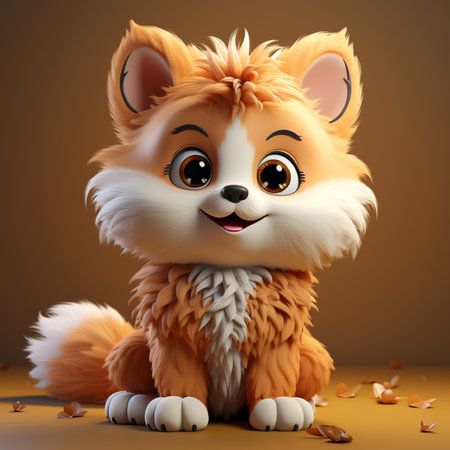 Cute cartoon fox with autumn leaves on brown background. 3D rendering.の素材