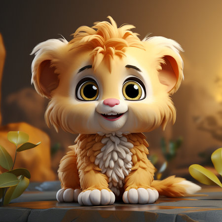Cute cartoon lion sitting on the rock. 3D illustration.の素材