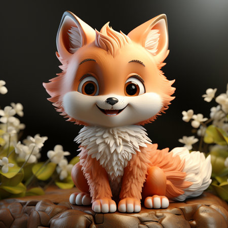 Cute cartoon fox sitting on a rock. 3d illustration.の素材