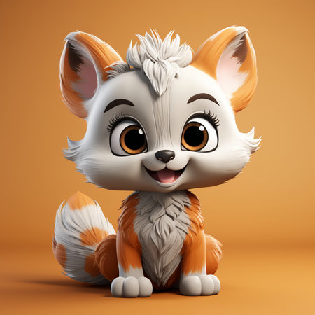 Cute cartoon fox sitting on orange background. 3D rendering.の素材