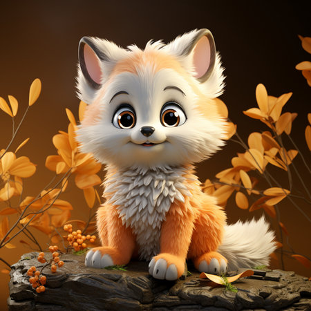 Cute little fox sitting on a log in autumn forest - 3d renderの素材
