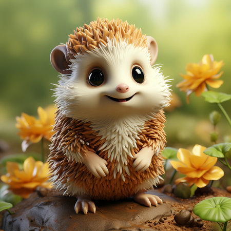 hedgehog on a rock with flowers in the garden. 3d illustrationの素材
