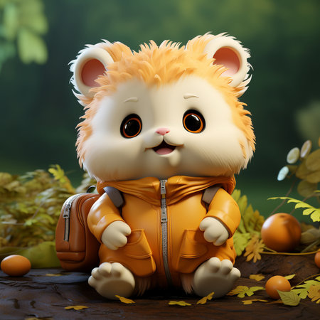 3d illustration of cute little bear sitting in autumn forest with backpackの素材