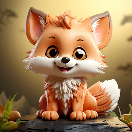Cute cartoon fox sitting on the stump. 3d illustration.の素材