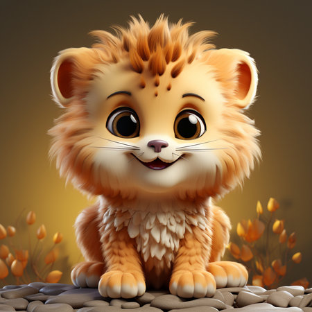 Cute little lion sitting on the ground and looking at the cameraの素材