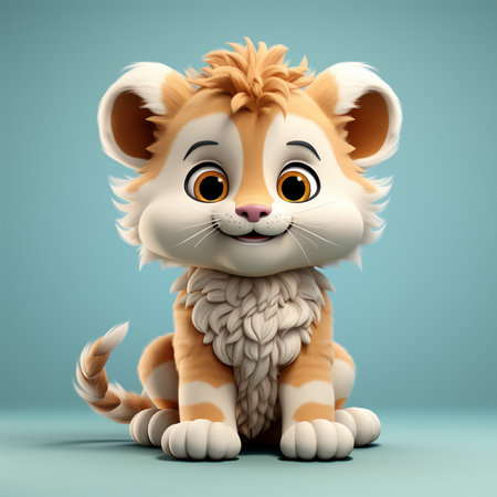 3D Render of a Cute Cartoon Lion Sitting on Blue Backgroundの素材